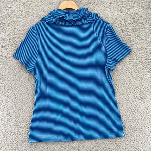 Soft Surroundings Top Womens Medium Blue Striped Ruffle V Neck Short Sleeve Knit - Picture 10 of 10